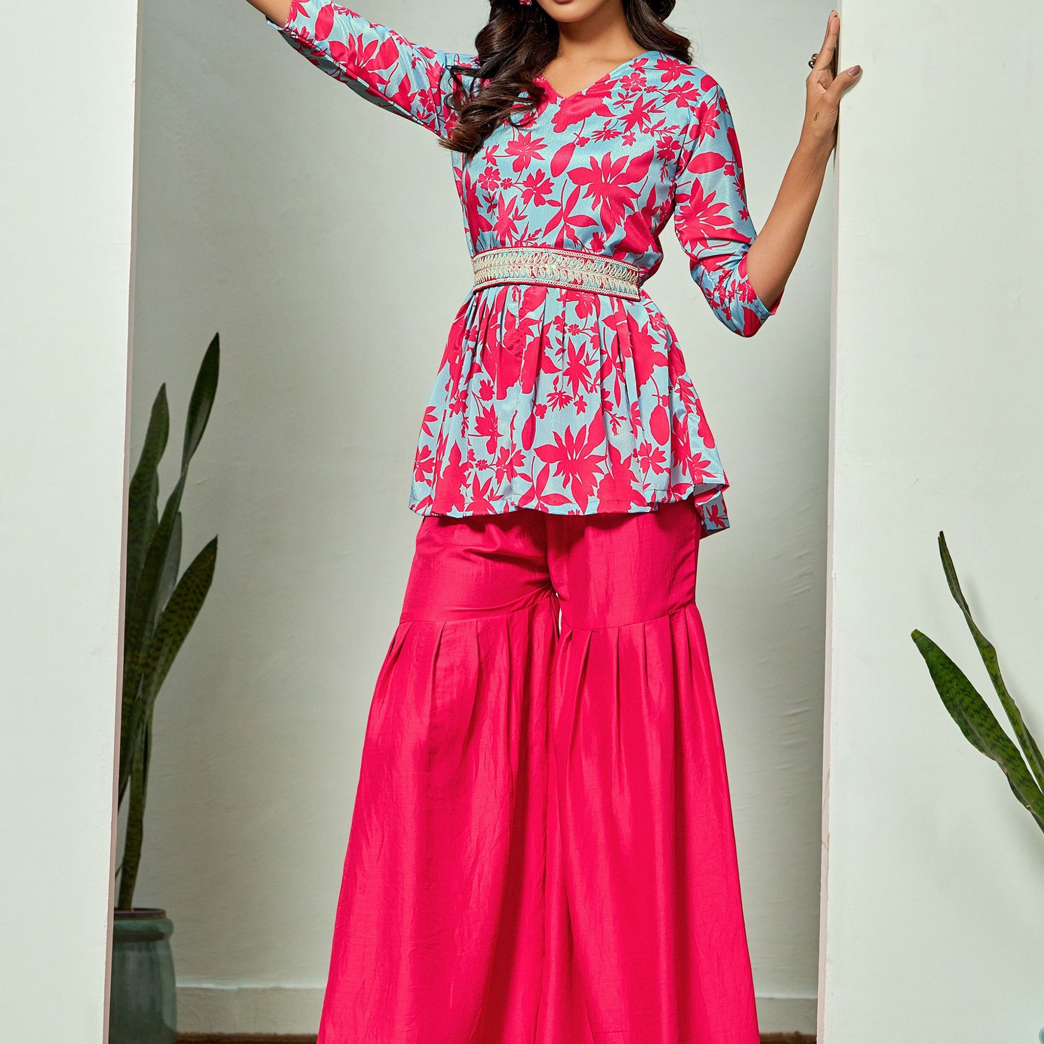 Chinon A-line Floral Kurta Sharara Set With Embroidered Belt