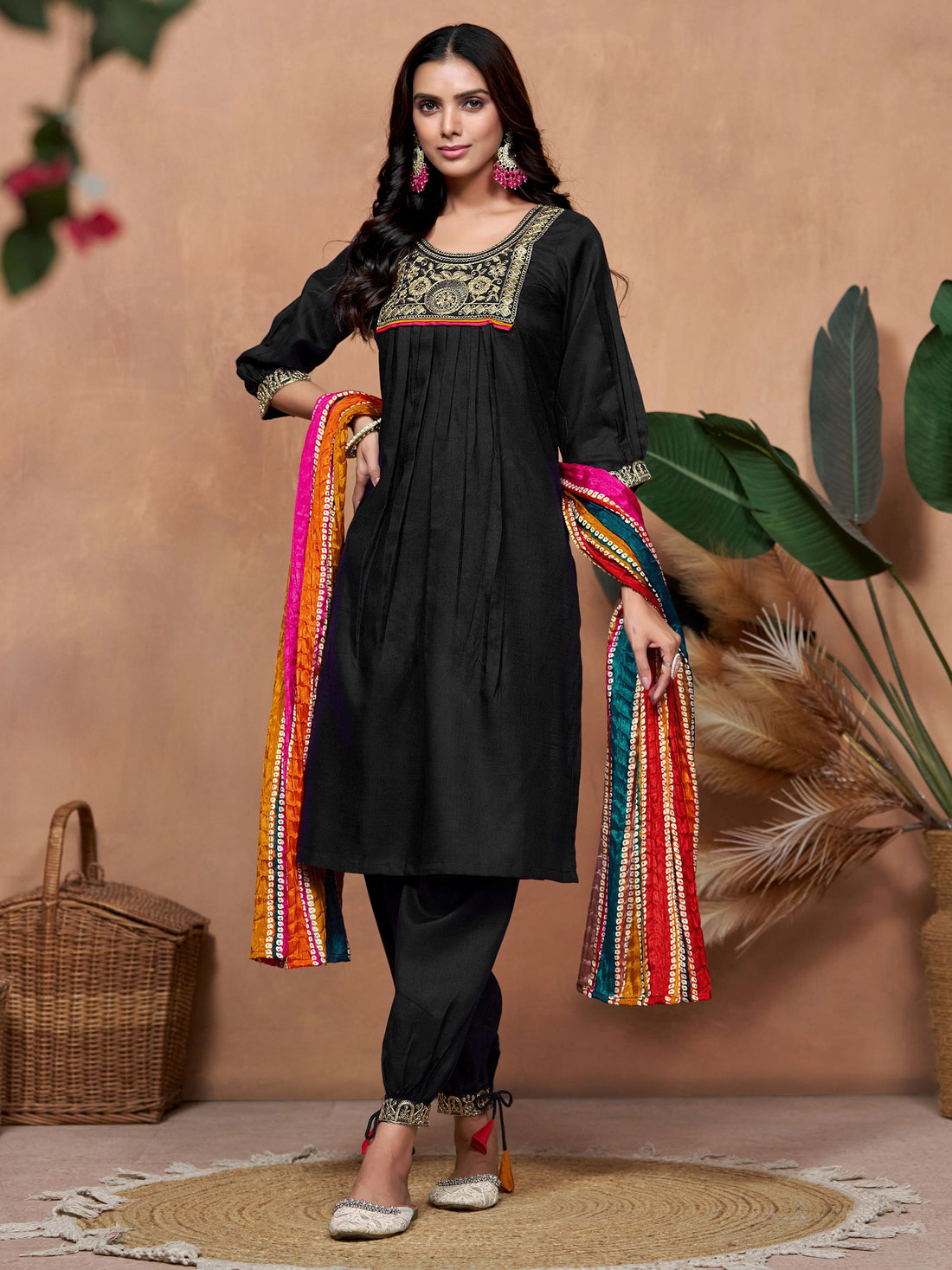 Cotton Blend Embroidered Kurta Salwar Set With Multicolor Dupatta