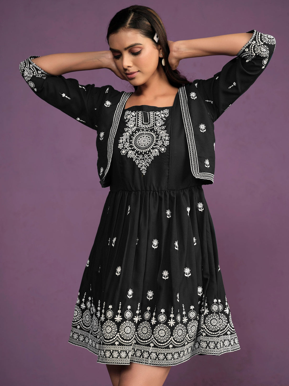 Chikankari Embroidery Rayon Fit & Flare Dress