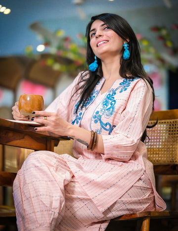 Cotton Blend Straigh Kurta Salwar With Attached Embroidered Koti (Peach)