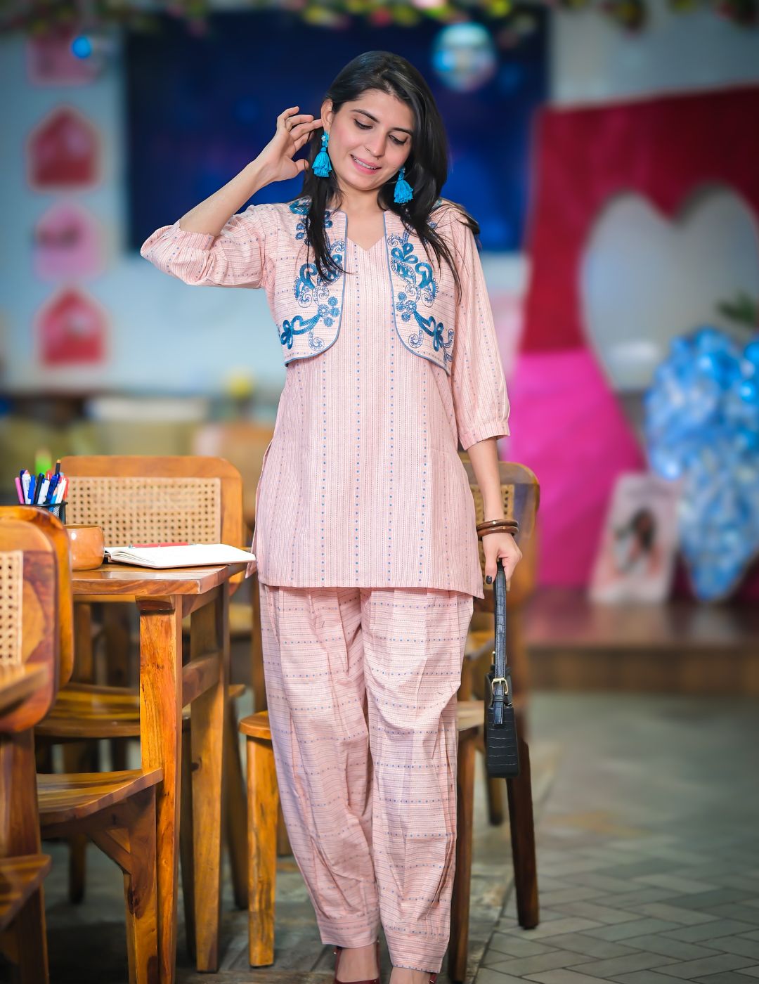 Cotton Blend Straigh Kurta Salwar With Attached Embroidered Koti (Peach)