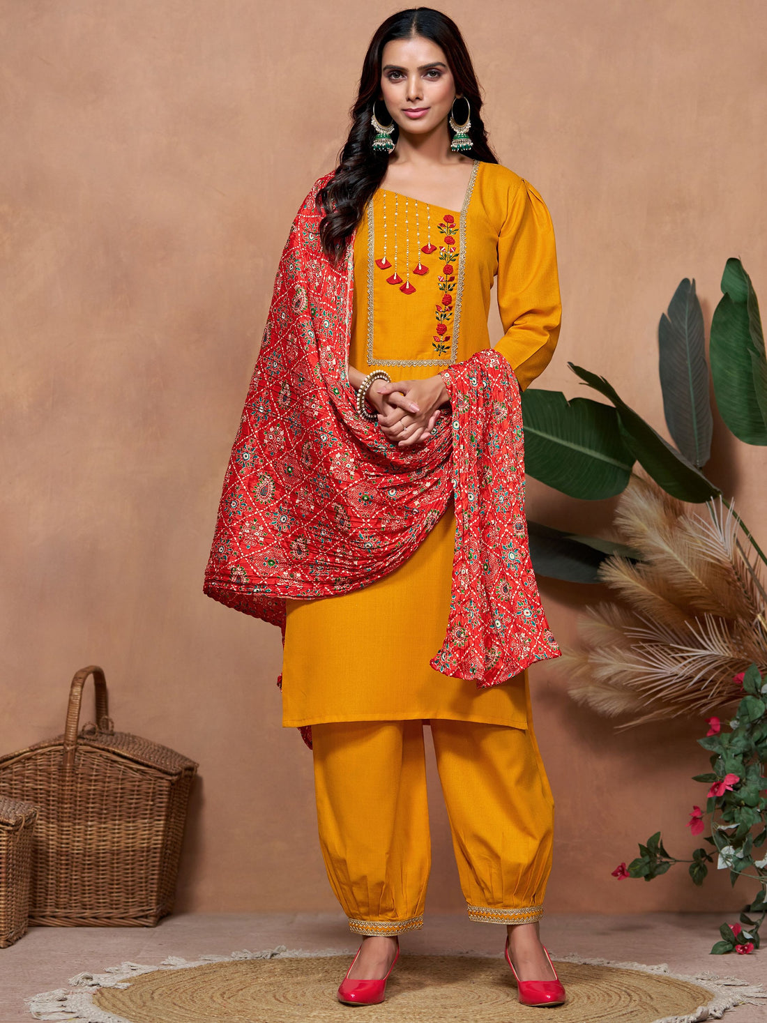 Cotton Blend Embroidered Kurta Salwar Set with Bandhani Dupatta