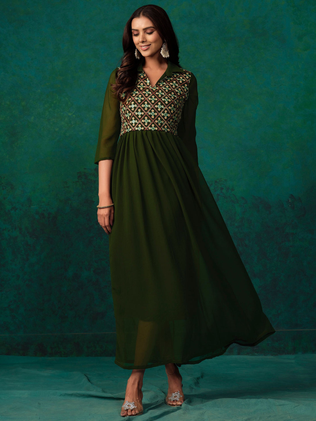 Green Georgette Embroidered Anarkali Dress