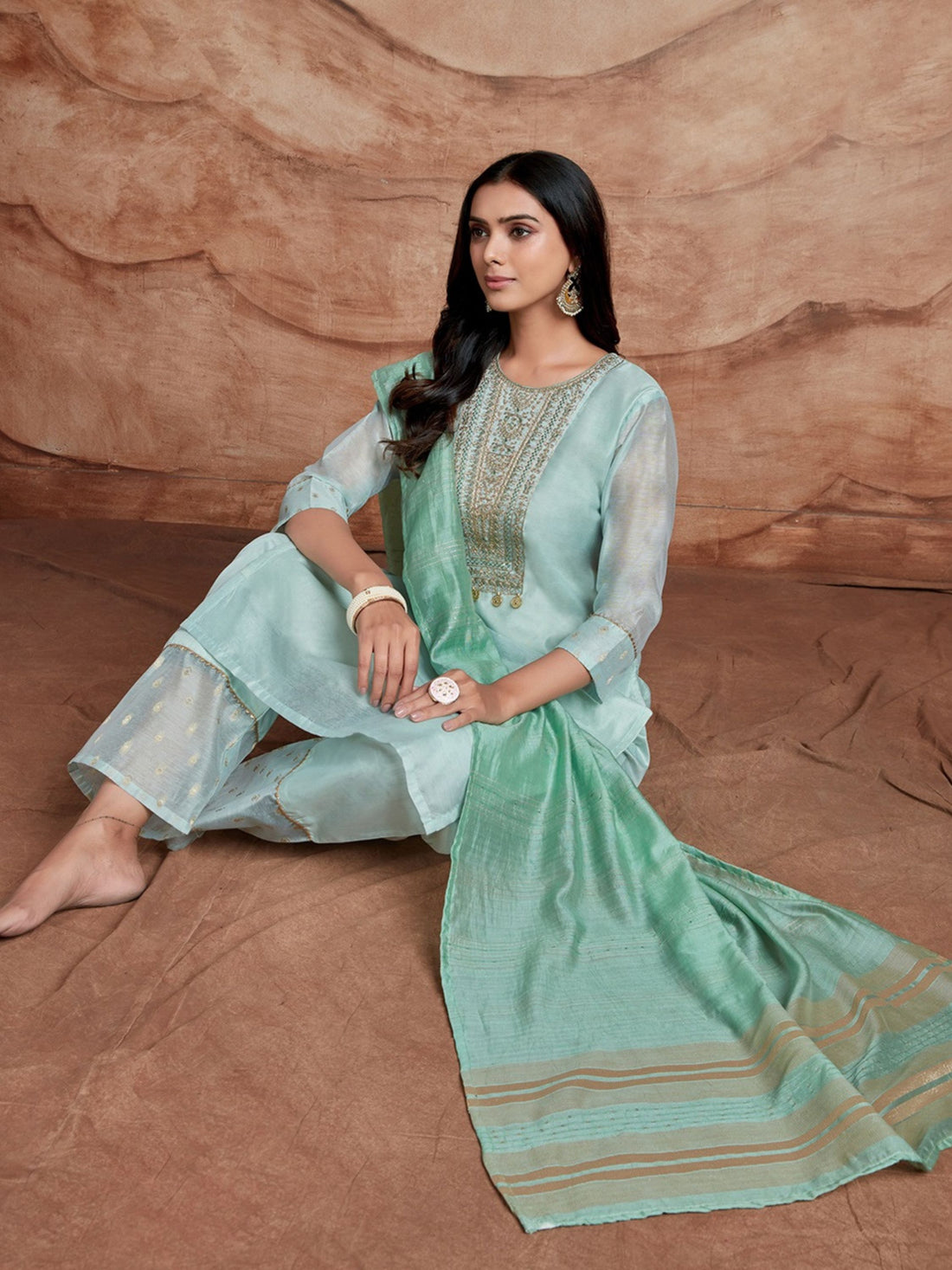 Light Green Silk Blend Embroidery Patch Work Yoke Design Kurta Pant and Dupatta Set