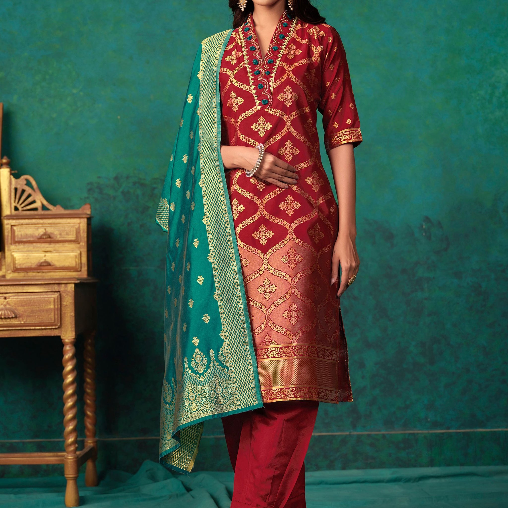 Silk Blend Straight Embroidered Banarasi Kurta salwar Set With Dupatta