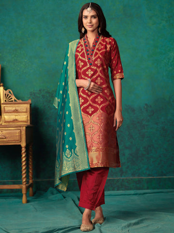 Silk Blend Straight Embroidered Banarasi Kurta salwar Set With Dupatta