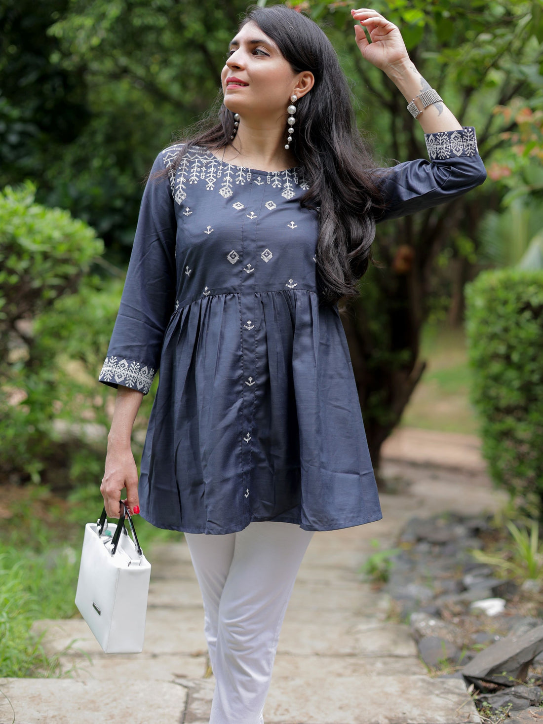 Cotton Blend Embroidered A-Line Short Kurti