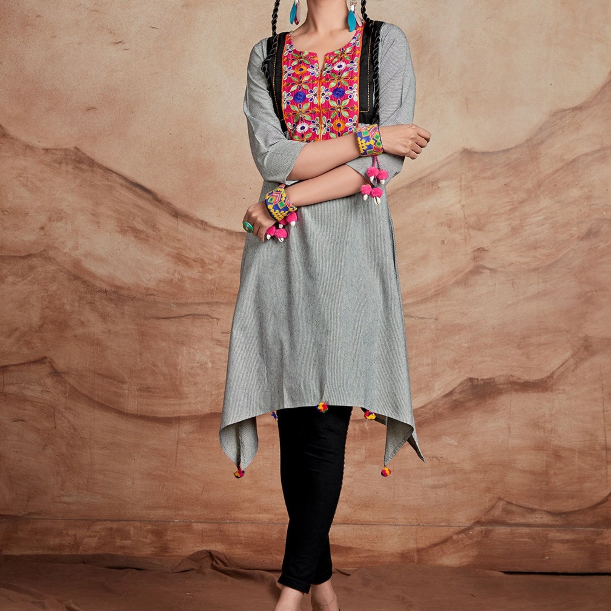 Grey Cotton Blend Embroidered High Low Kurta