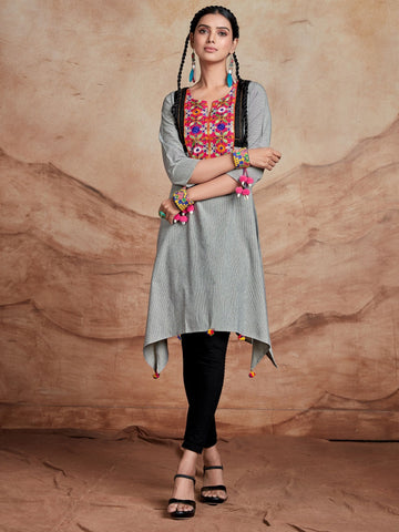 Grey Cotton Blend Embroidered High Low Kurta