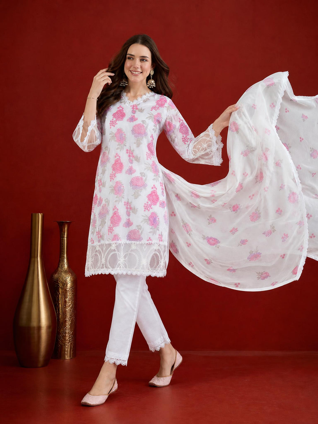 White Georgette Floral Print Kurta Pant With Dupatta Set