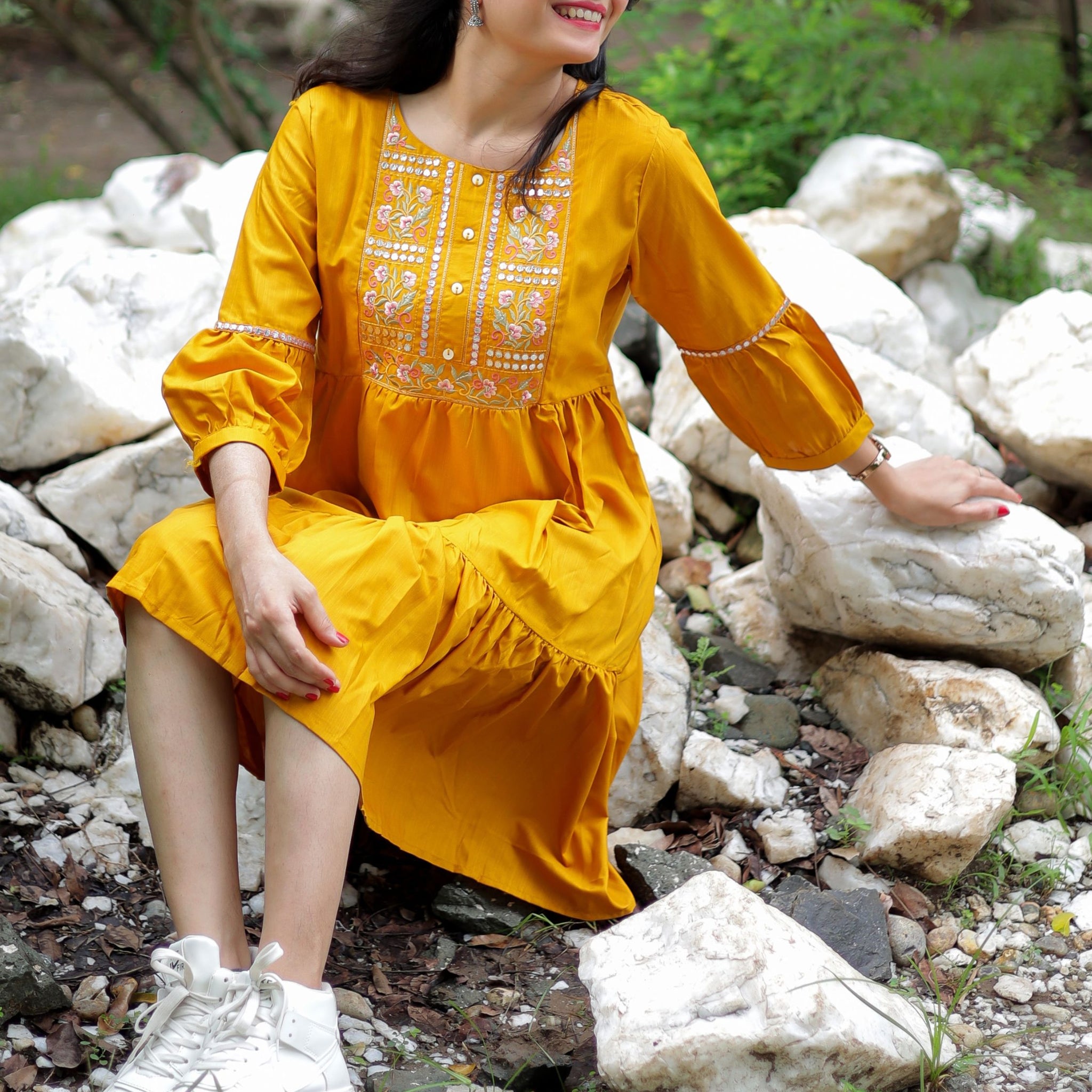 Mustard Cotton Blend Yoke Embroidery Fit & Flared Dress