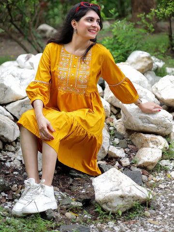 Mustard Cotton Blend Yoke Embroidery Fit & Flared Dress