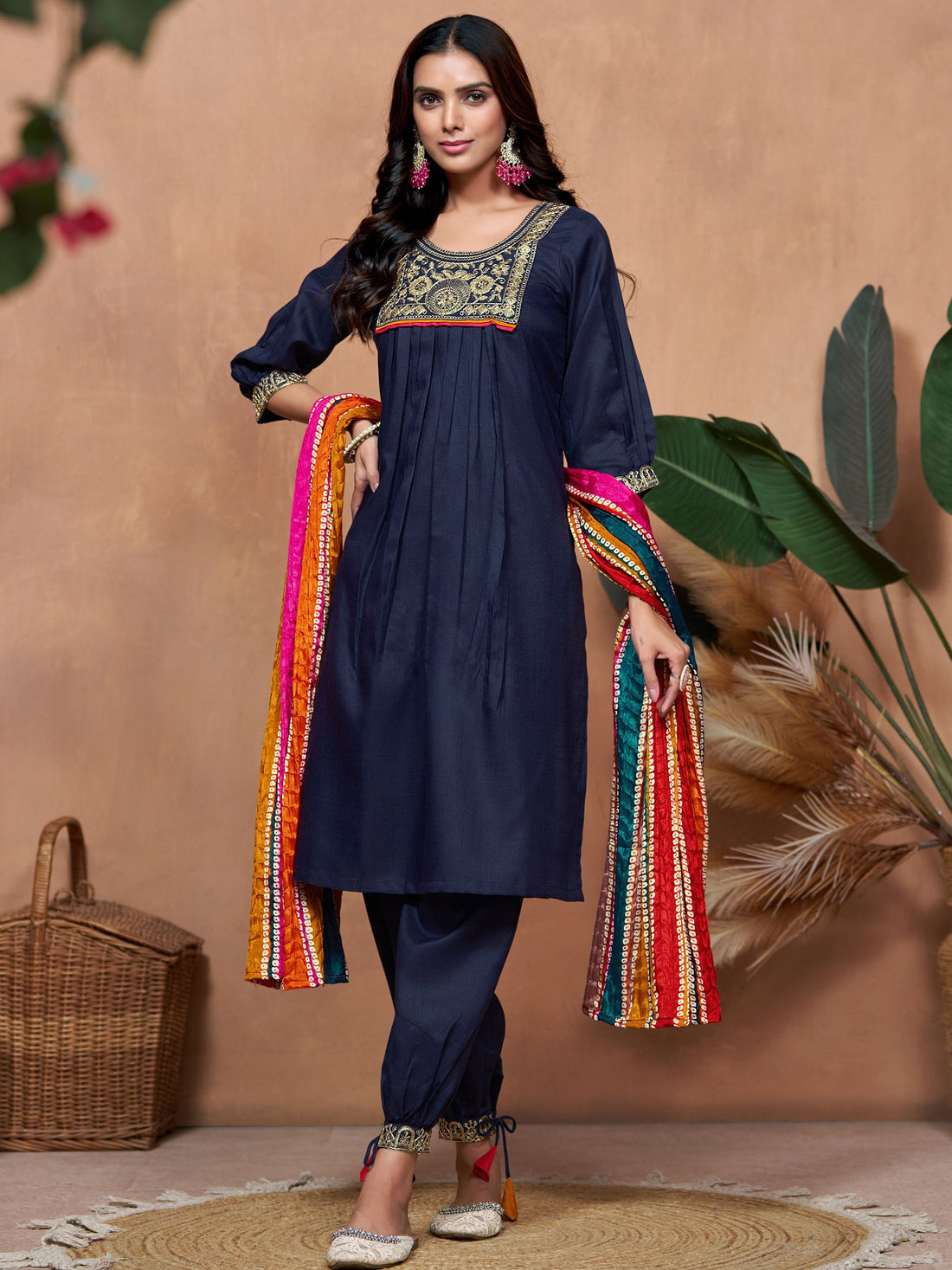 Navy Blue Cotton Blend Embroidered Kurta Salwar Set With Multicolor Dupatta
