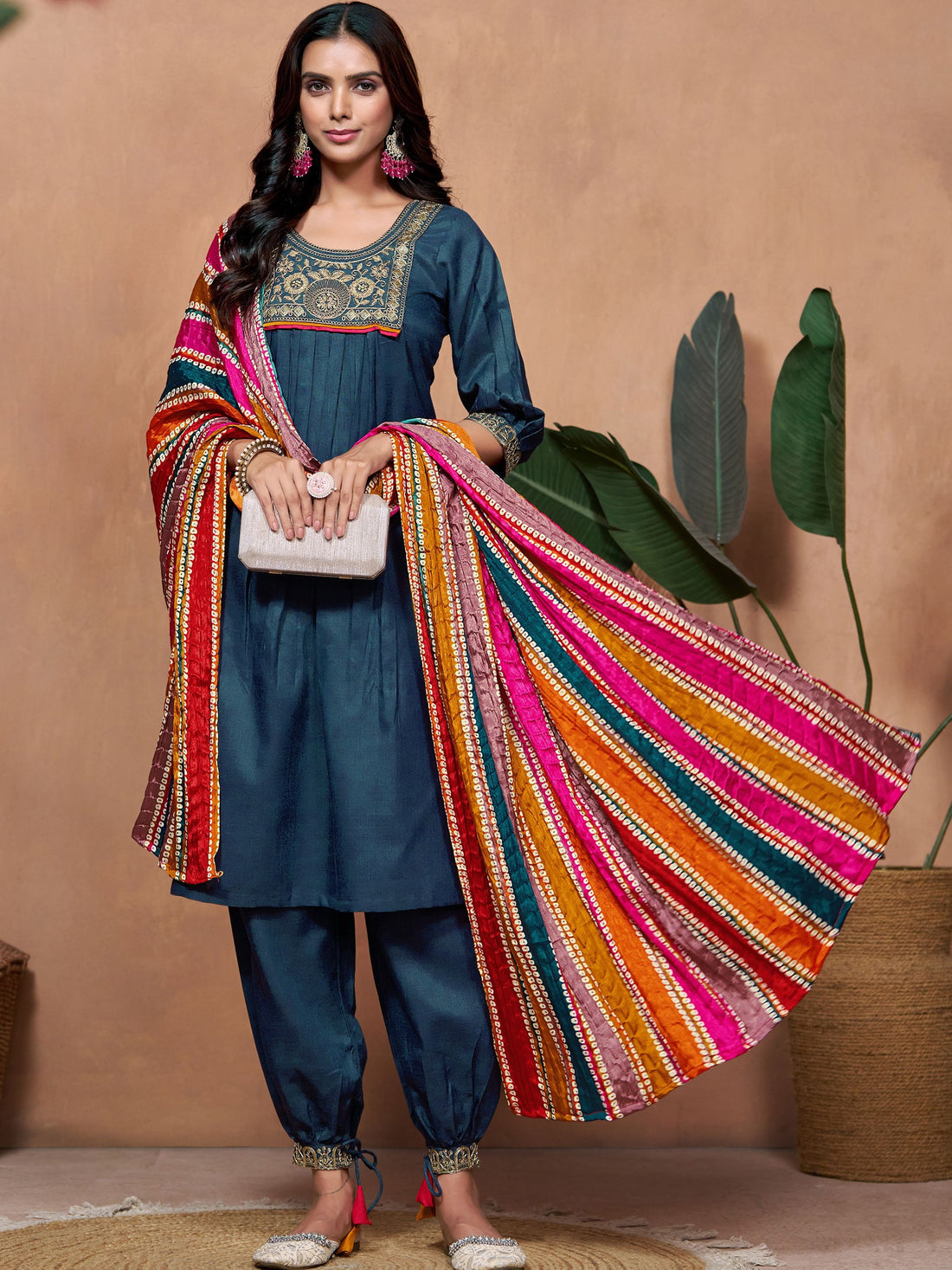 Teal Blue Cotton Blend Embroidered Kurta Salwar Set With Multicolor Dupatta