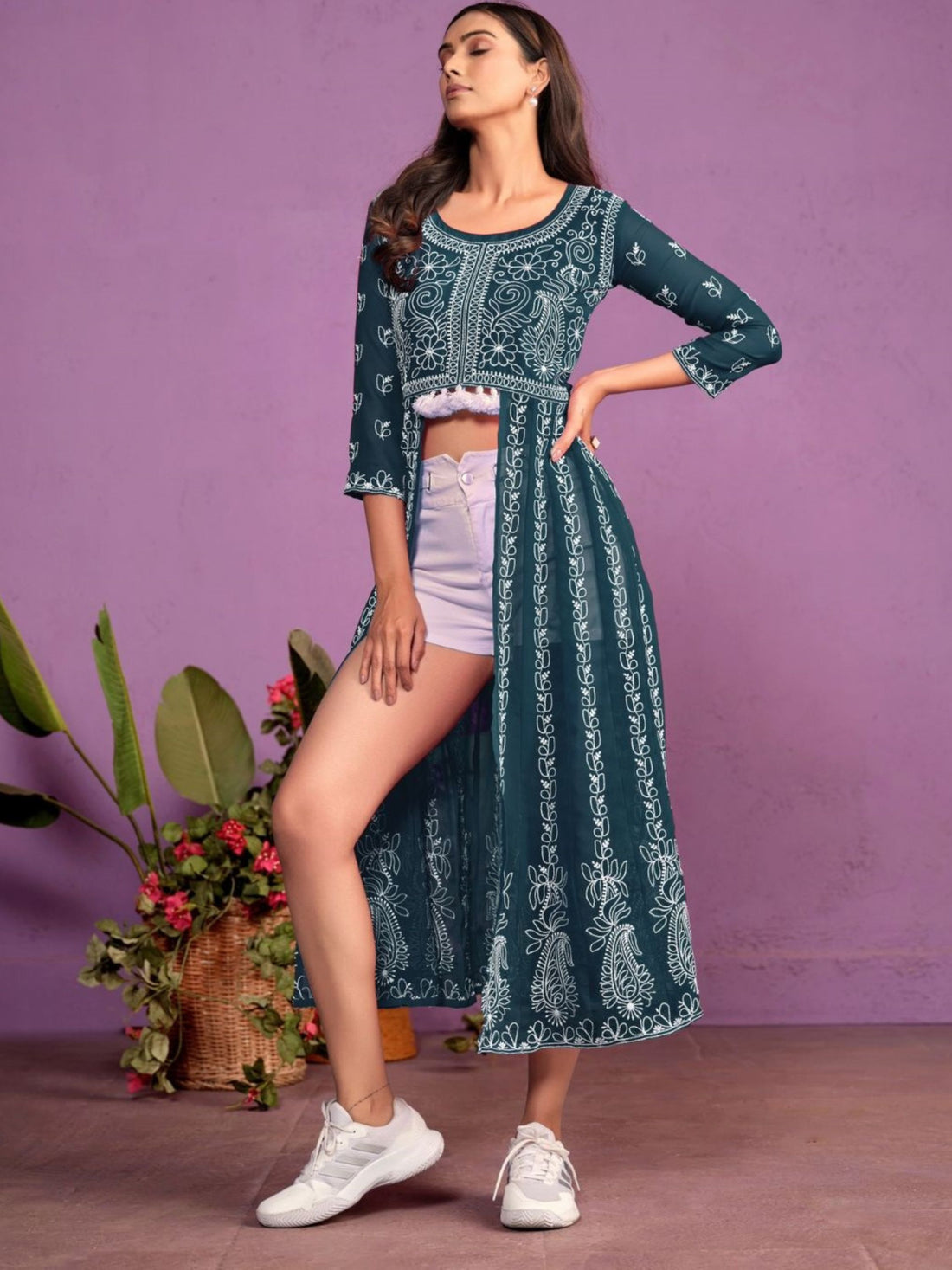 Teal Blue Georgette Front Slit Chikankari Kurta
