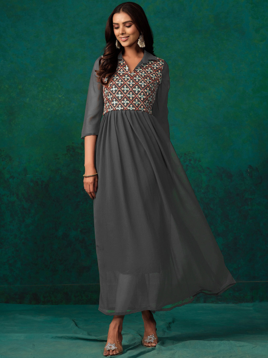 Grey Georgette Embroidered Anarkali Dress