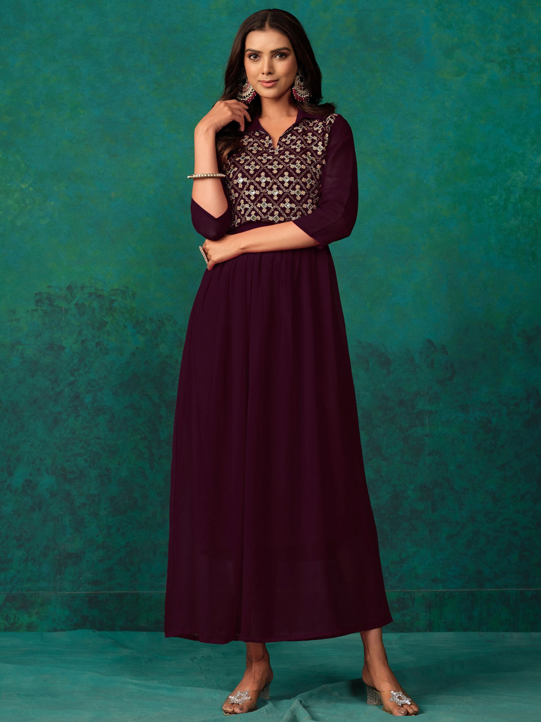 Wine Georgette Embroidered Anarkali Dress