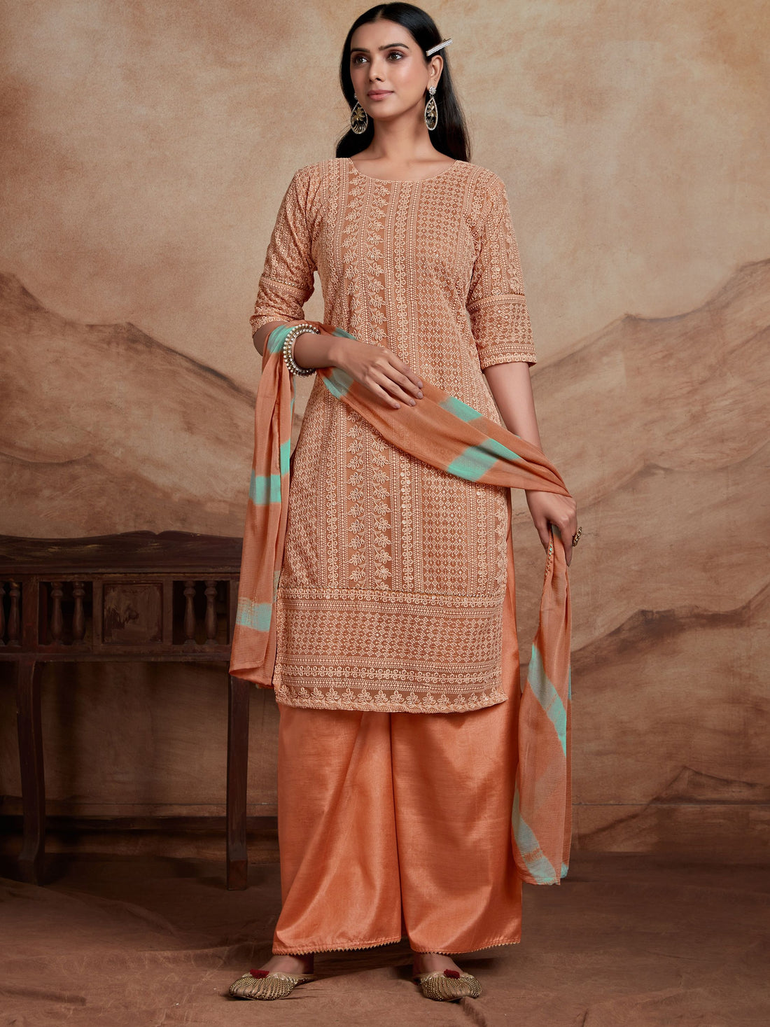 Schiffli Embroidery Kurta Palazzo and Dupatta Set