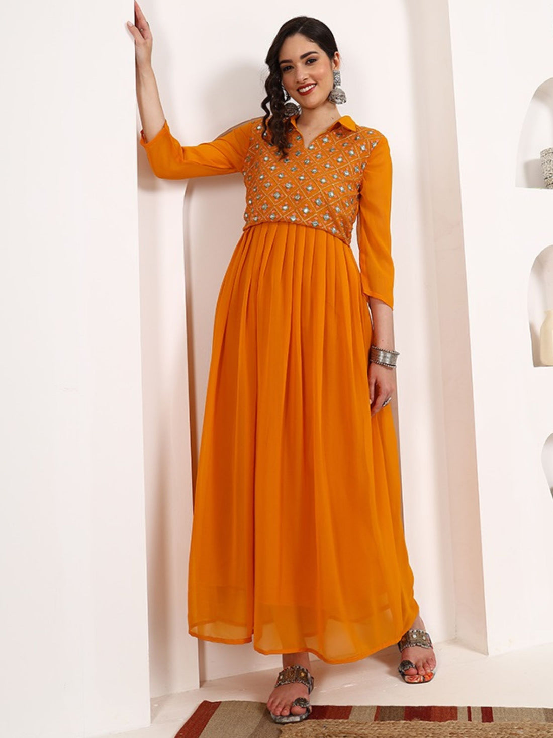 Mustard Georgette Embroidered Anarkali Dress