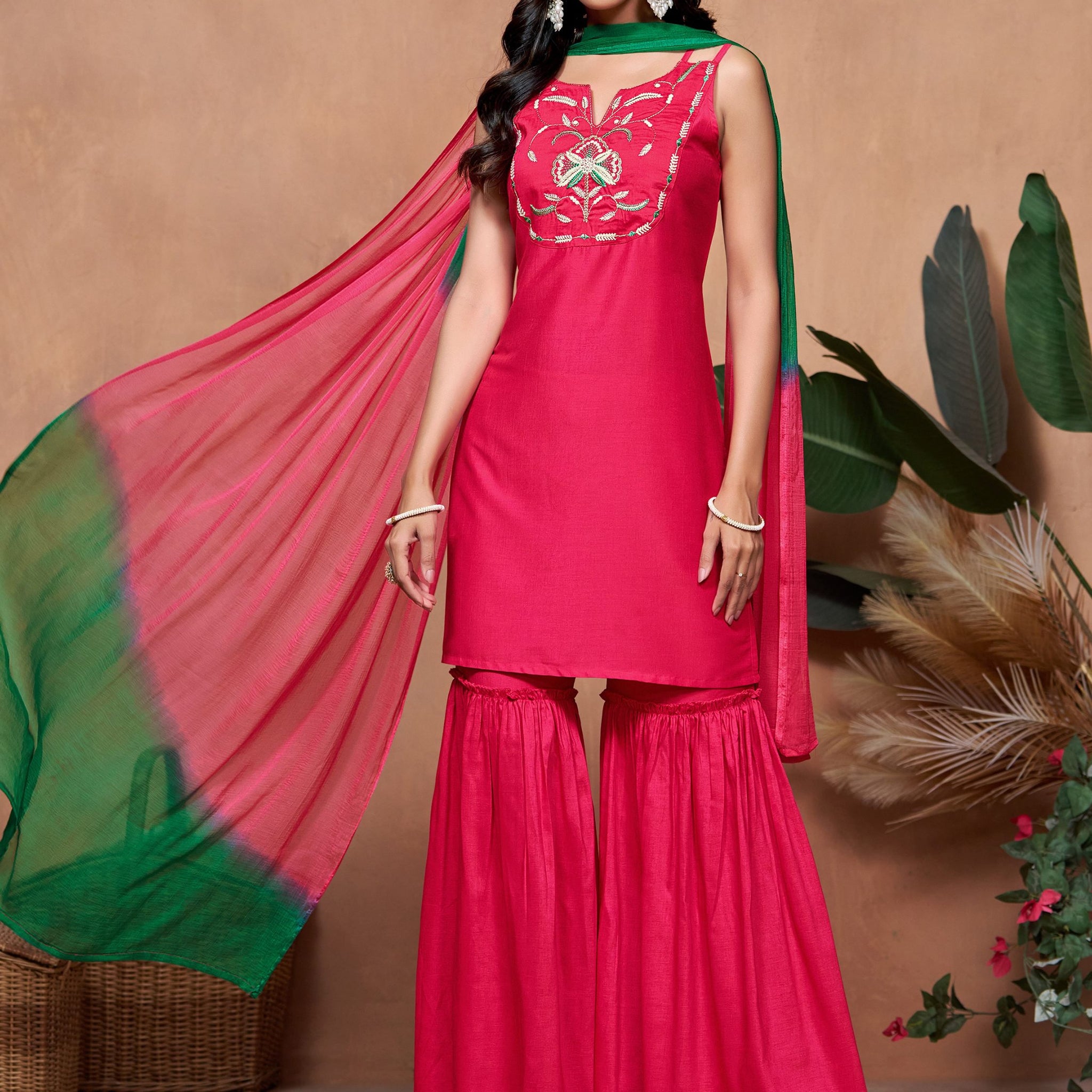 Chinon Pink Embroidered Kurta Sharara and Dupatta Set