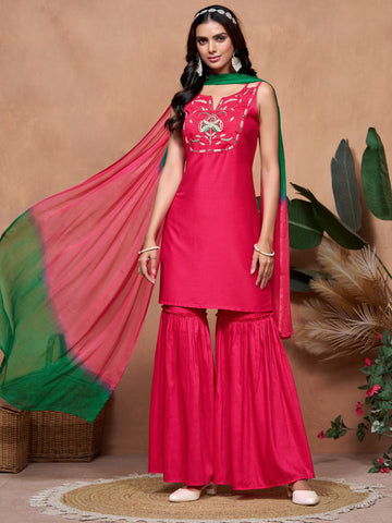 Chinon Pink Embroidered Kurta Sharara and Dupatta Set