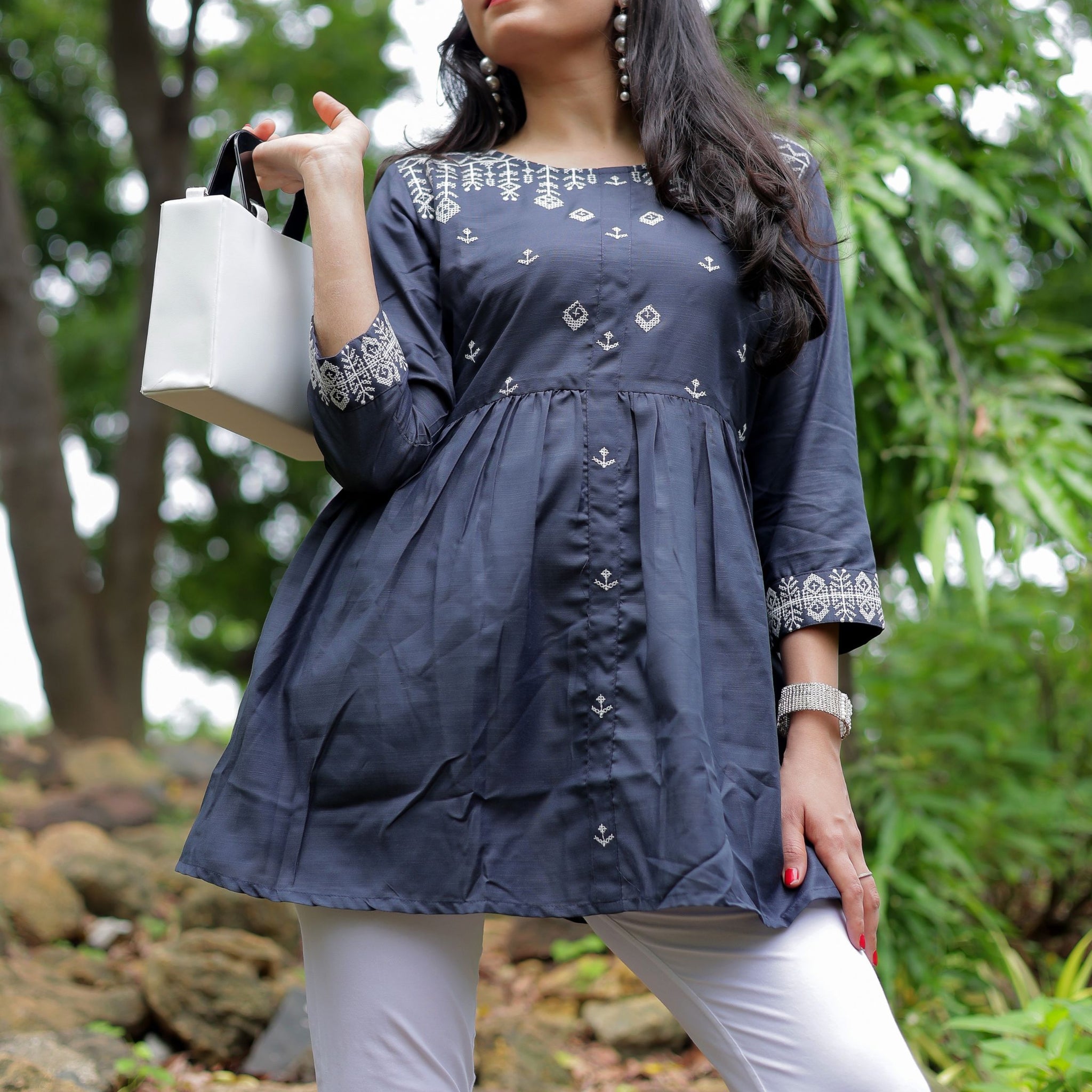 Cotton Blend Embroidered A-Line Short Kurti