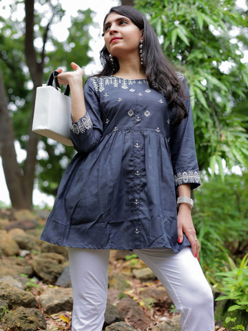 Cotton Blend Embroidered A-Line Short Kurti