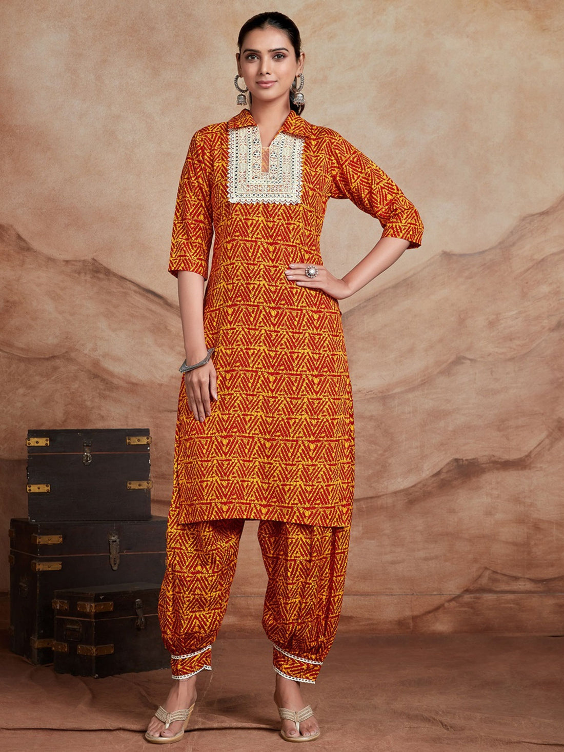 Orange Cotton Blend Embroidered Kurta and Salwar Set