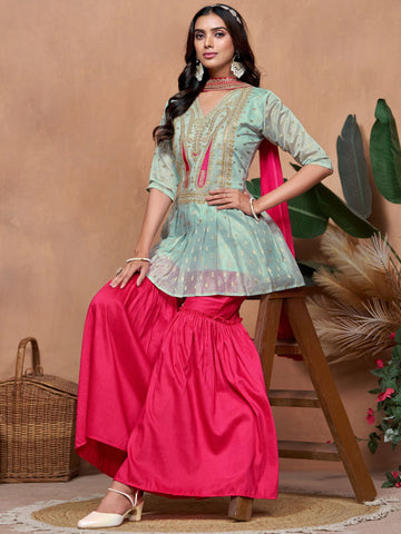 Chanderi Silk Embroidered Kurta Sharara With Choker Dupatta Set