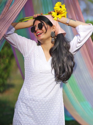 Pure Cotton Embroidered Straight Schiffli White Kurta