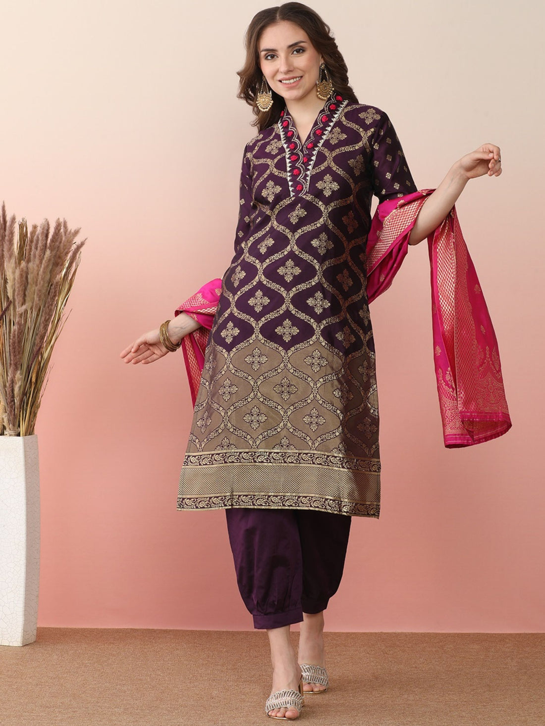 Purple Silk Blend Straight Embroidered Banarasi Kurta salwar Set With Dupatta