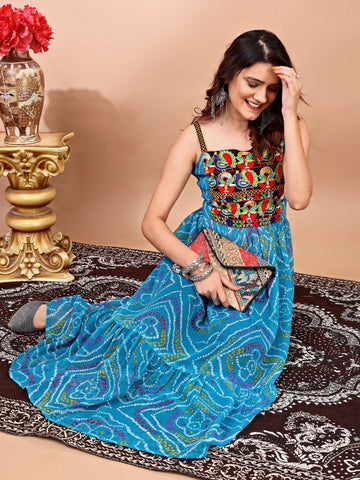 Rama Geogette Embroidered Bandhani Print Anarkali Kurta Navratri Wear