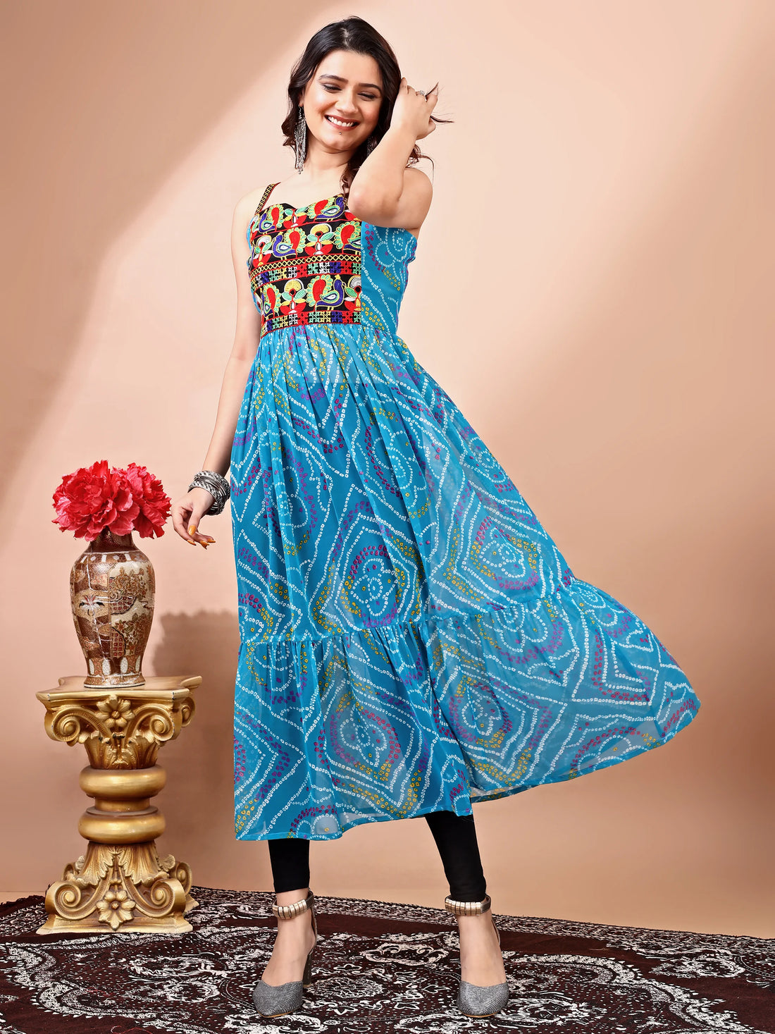 Rama Geogette Embroidered Bandhani Print Anarkali Kurta Navratri Wear