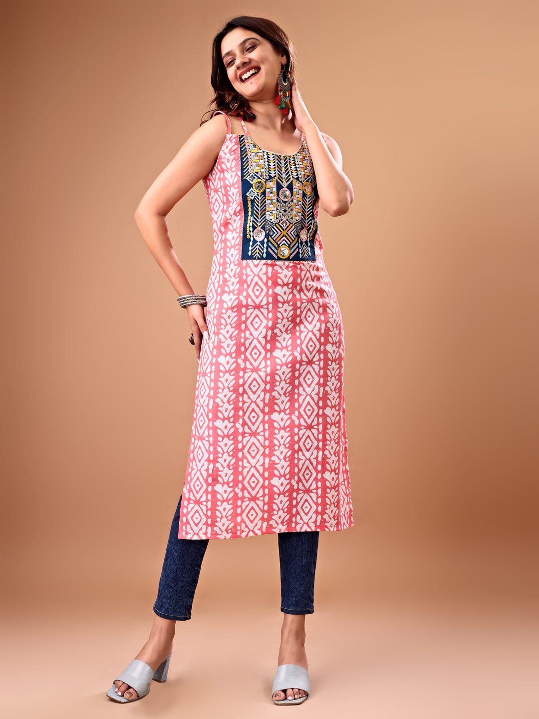 Pink Cotton Blend Embroidered Batik Print Straight Shoulder Straps Summer Kurta