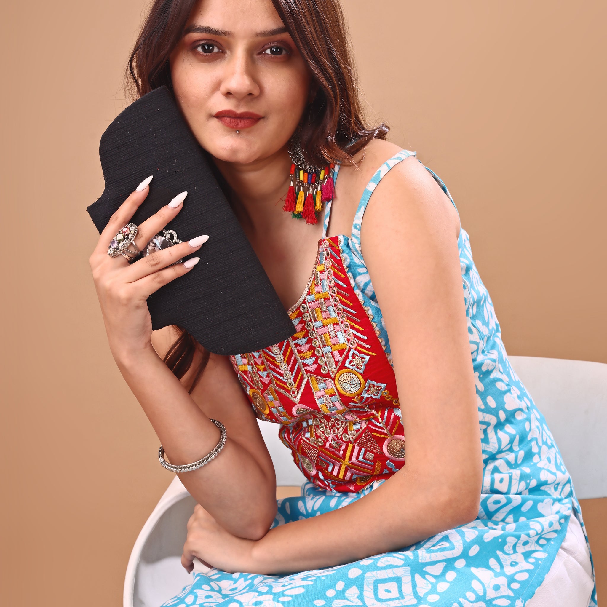 Blue Cotton Blend Embroidered Batik Print Straight Shoulder Straps Summer Kurta