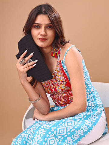 Blue Cotton Blend Embroidered Batik Print Straight Shoulder Straps Summer Kurta