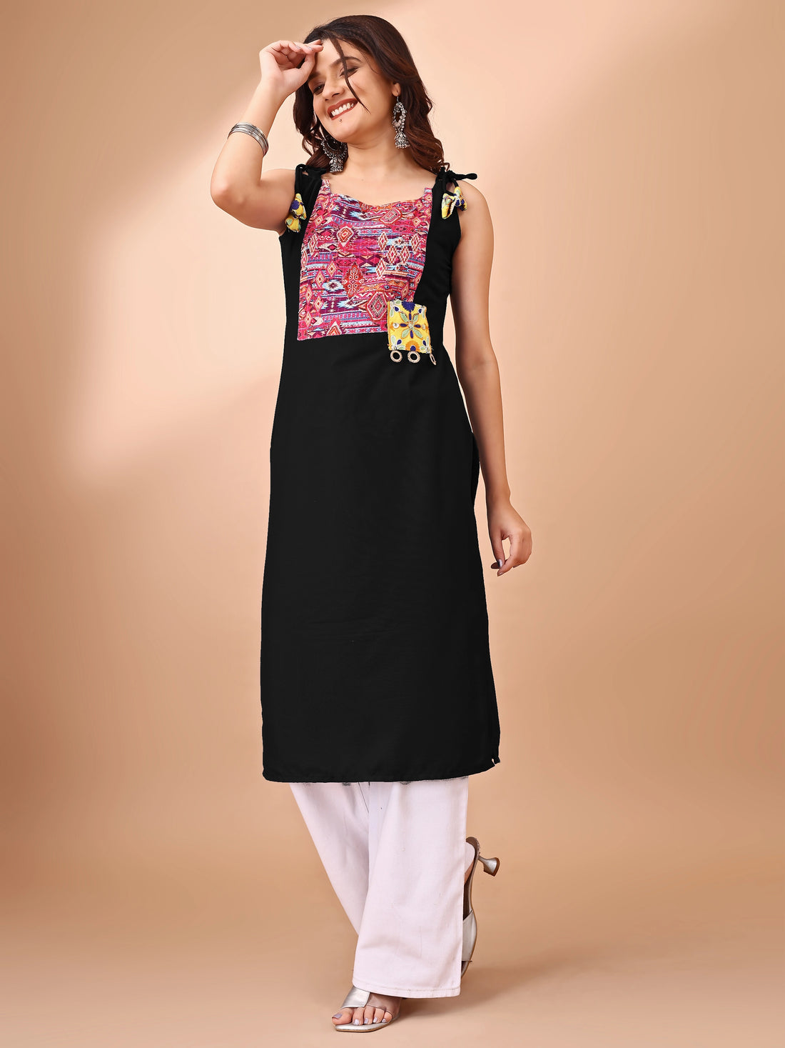 Black Rayon Patch Work Shouler Strep  Sleeveless Kurta