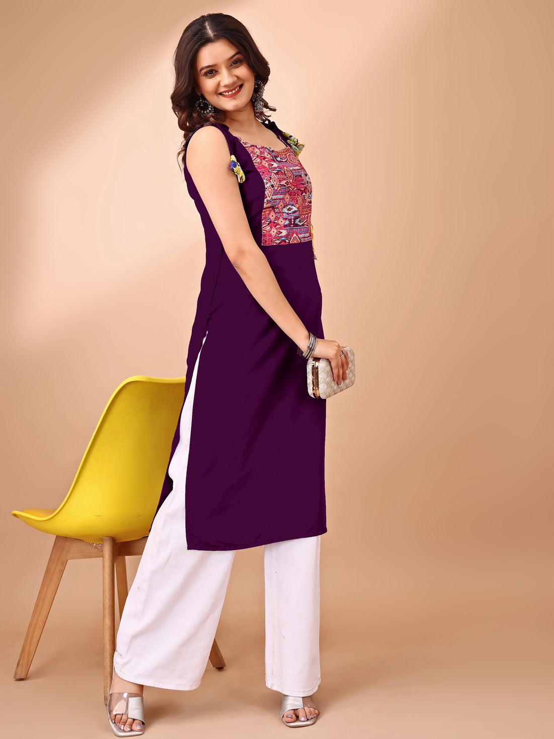 Wine Rayon Patch Work Shouler Strep  Sleeveless Kurta