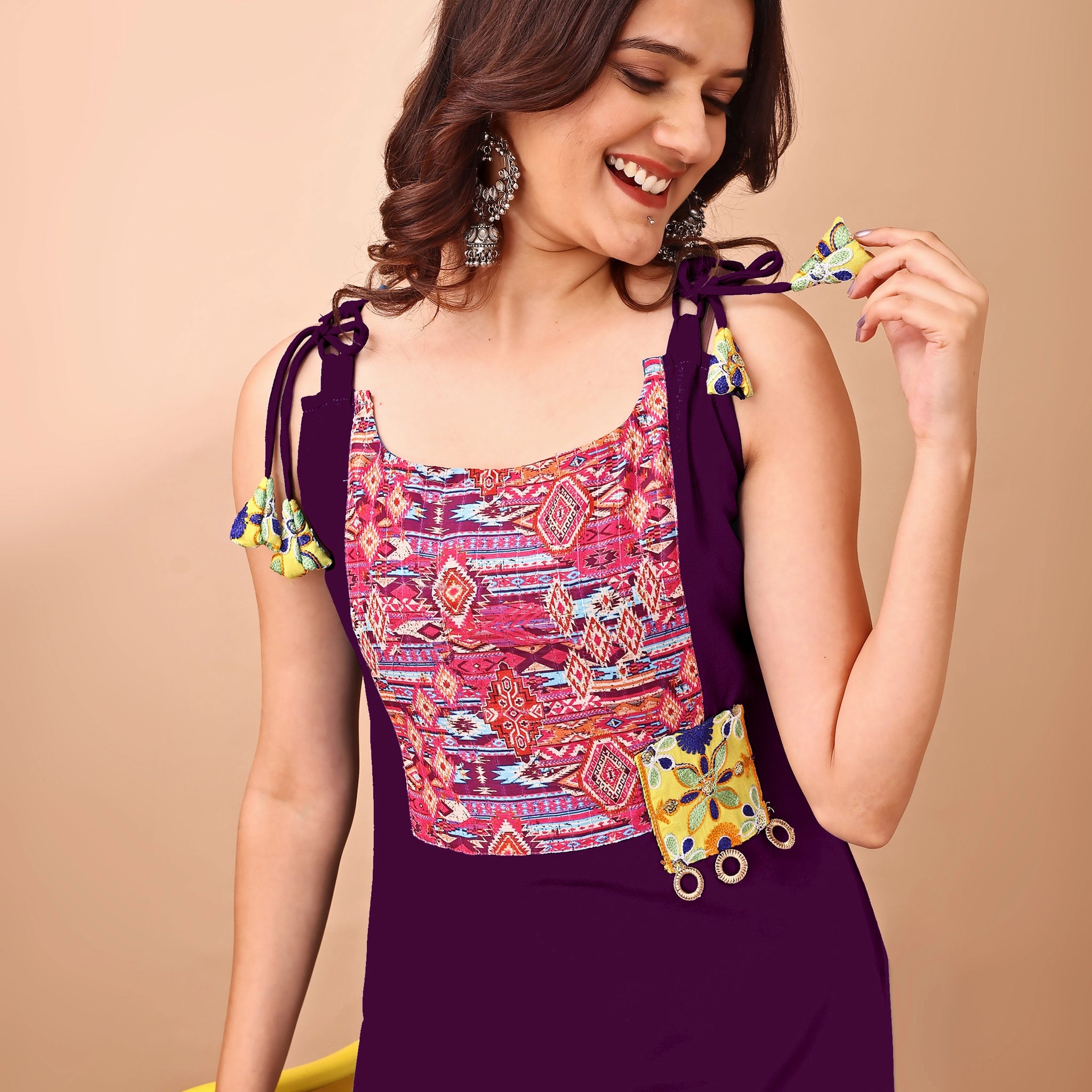 Wine Rayon Patch Work Shouler Strep  Sleeveless Kurta