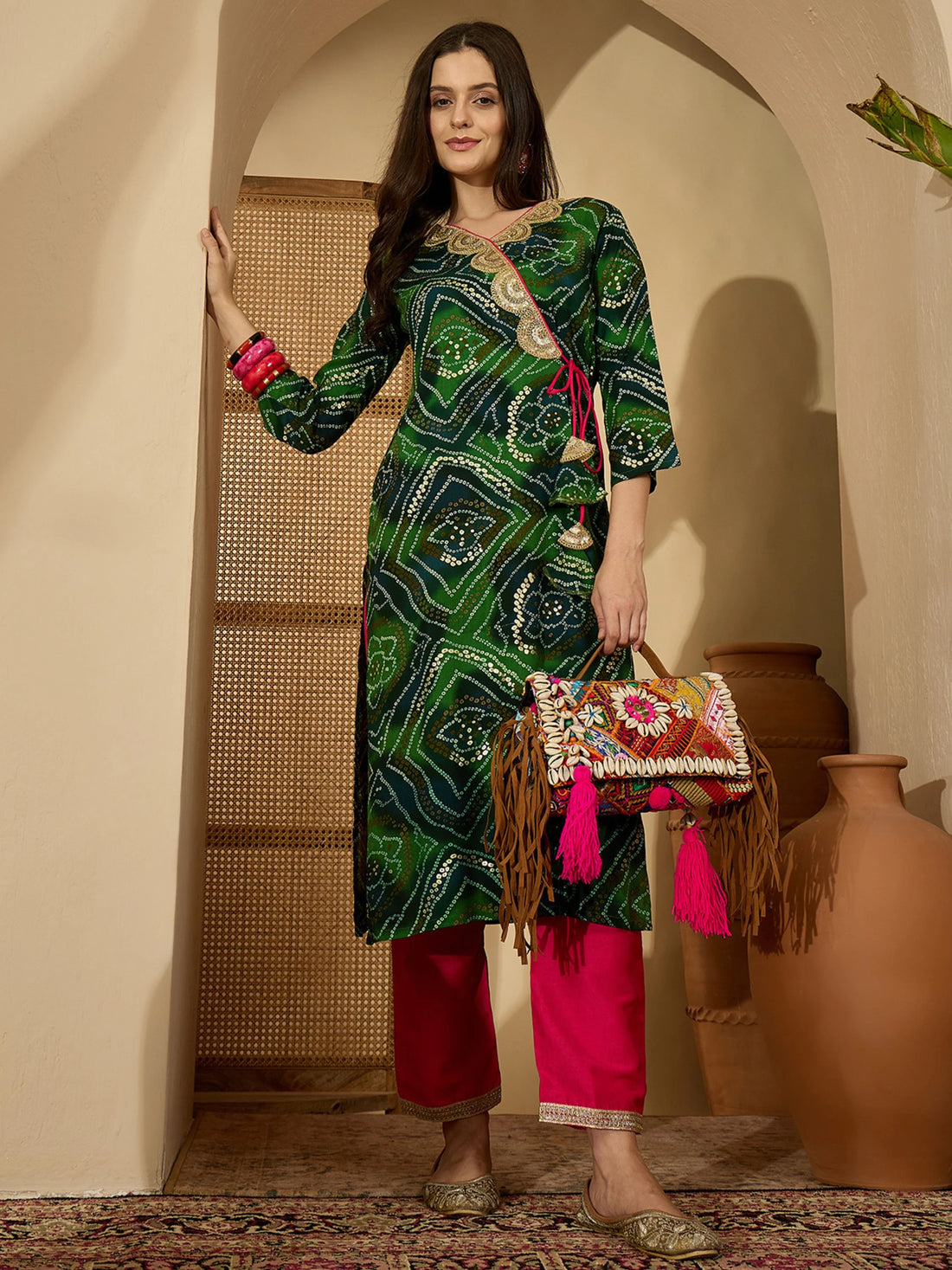 Pure Rayon Green Bandhani Print and Embroidered Angrakha Knot Kurta