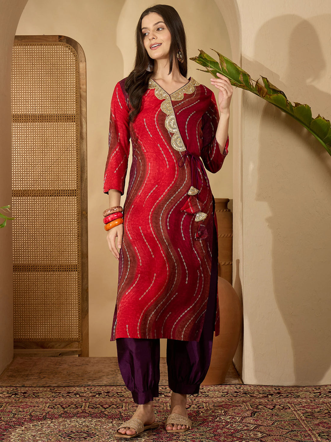 Pure Rayon Maroon Bandhani Print and Embroidered Angrakha Knot Kurta