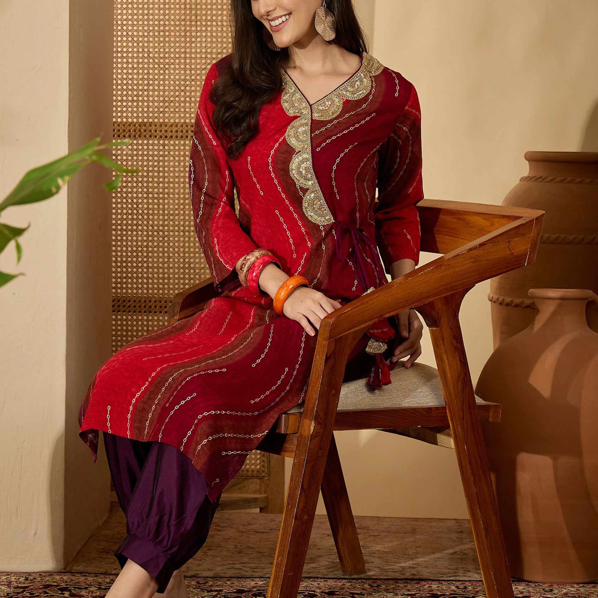 Pure Rayon Maroon Bandhani Print and Embroidered Angrakha Knot Kurta