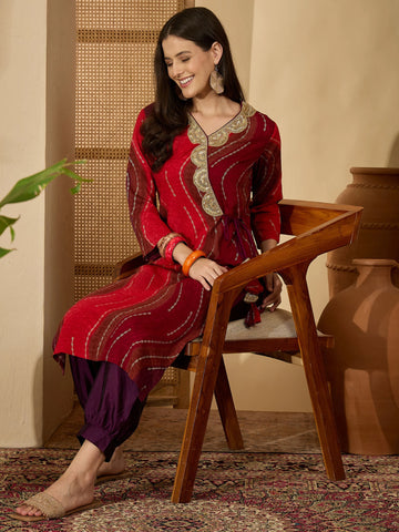 Pure Rayon Maroon Bandhani Print and Embroidered Angrakha Knot Kurta