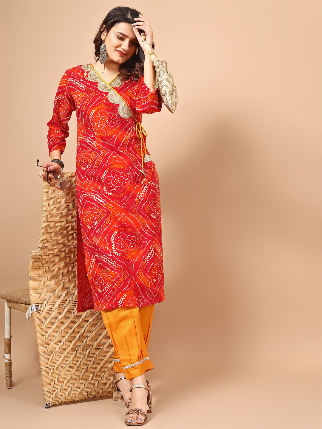 Rayon Bandhani Print and Embroidered Straight Kurta