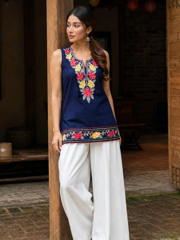 Navy Blue Cotton Silk Floral Embroidered Straight Sleeveless Short Kurti