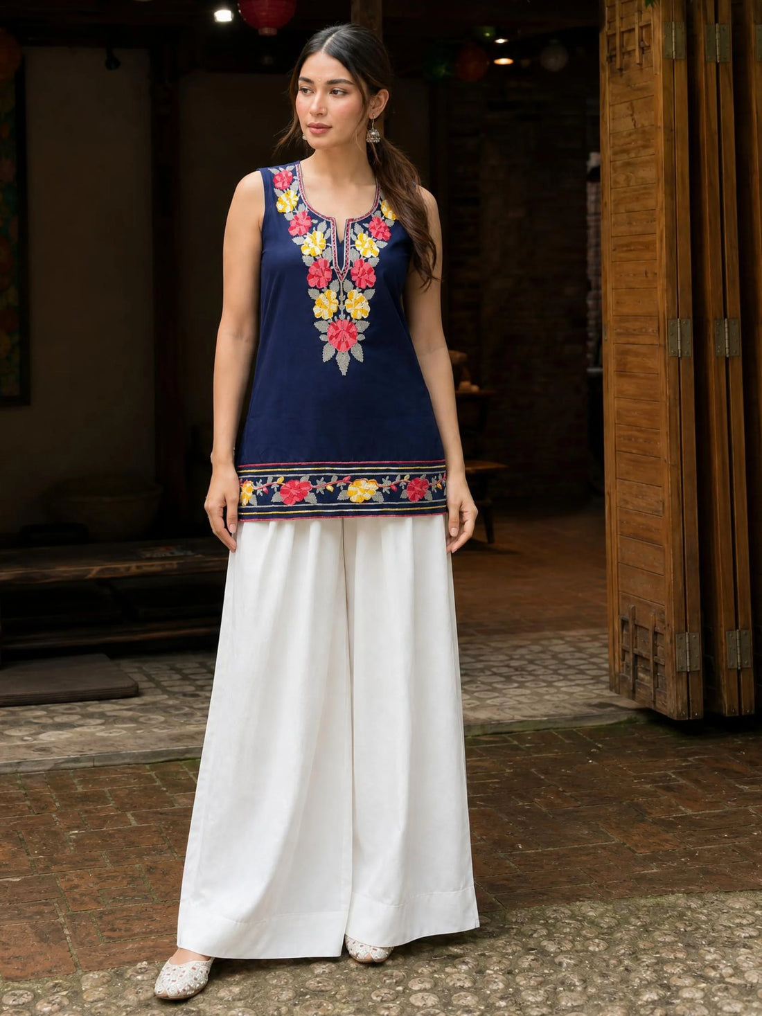 Navy Blue Cotton Silk Floral Embroidered Straight Sleeveless Short Kurti