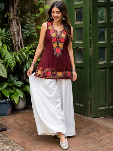 Rust Cotton Silk Floral Embroidered Straight Sleeveless Short Kurti