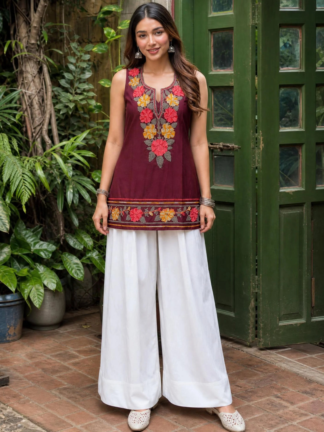 Rust Cotton Silk Floral Embroidered Straight Sleeveless Short Kurti