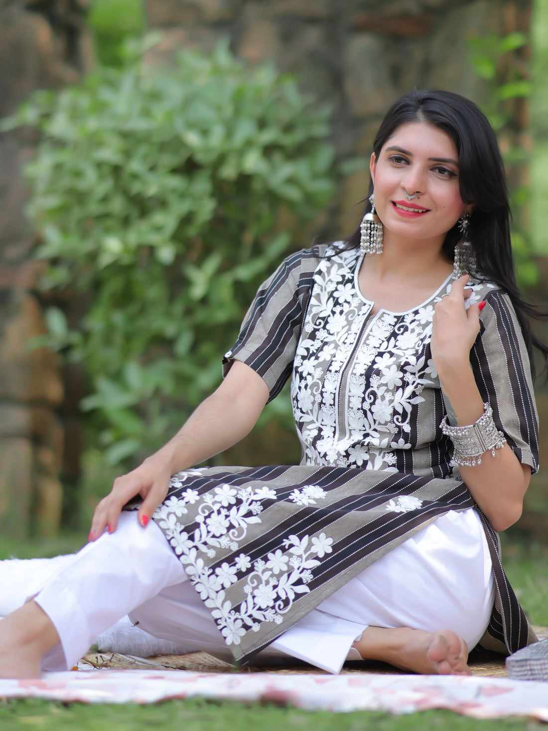 Black Cotton Blend Stripted Straight Chikanakri Embroidery Multicolor Kurti