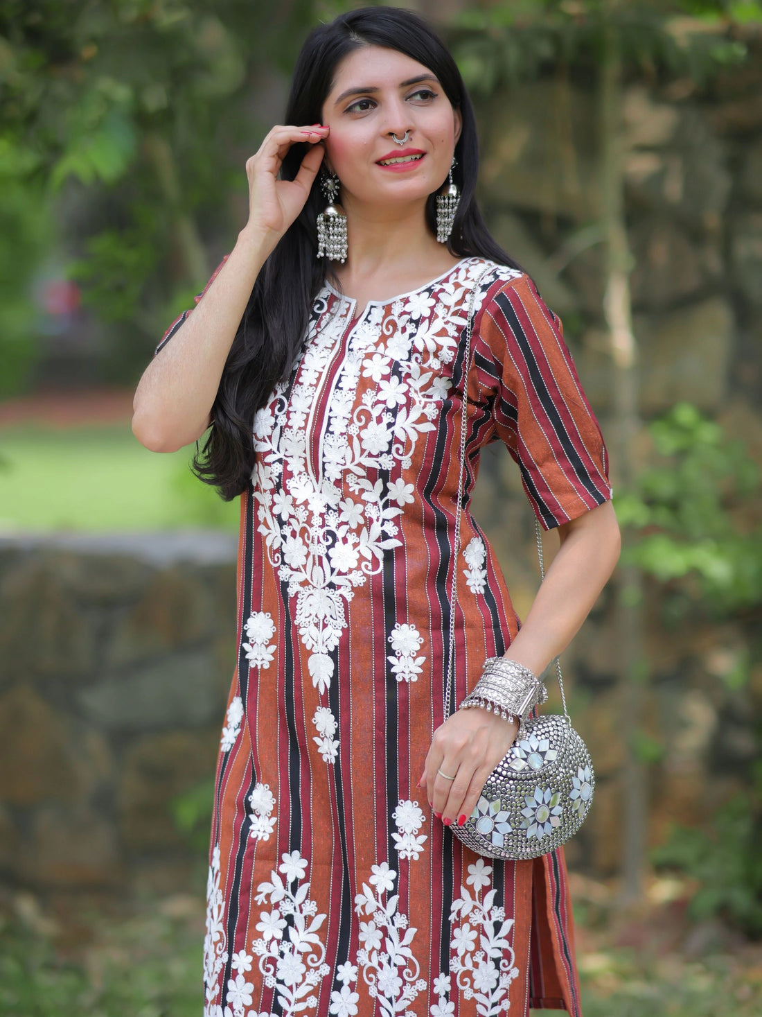 Brown Cotton Blend Stripted Straight Chikanakri Embroidery Multicolor Kurti